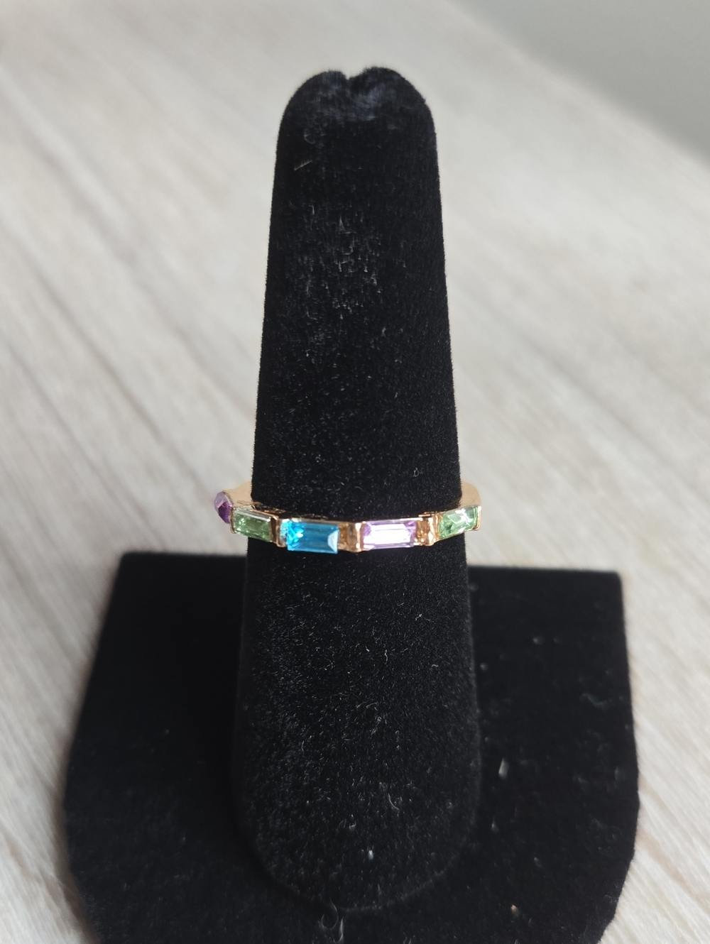 Gold-Tone Multi-Color Baguette Ring - Pink, Blue, Green, Purple.Size 7.